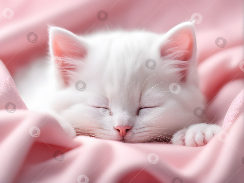 Скачать очень милый спящий белый котенок, спящий в розовом одеяльце фотосток Ozero