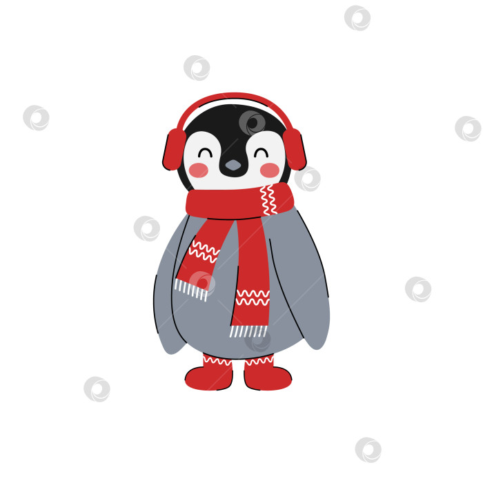 Скачать Милые маленькие пингвины в зимней одежде, выделенные на белом фоне. Рождественские и новогодние животные фотосток Ozero