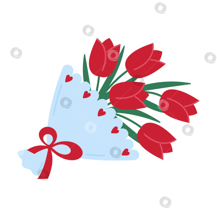 Скачать Букет цветов на белом фоне. Красные тюльпаны в синей обертке. Подарок на день святого Валентина, свадьбу, день рождения, 8 марта. фотосток Ozero