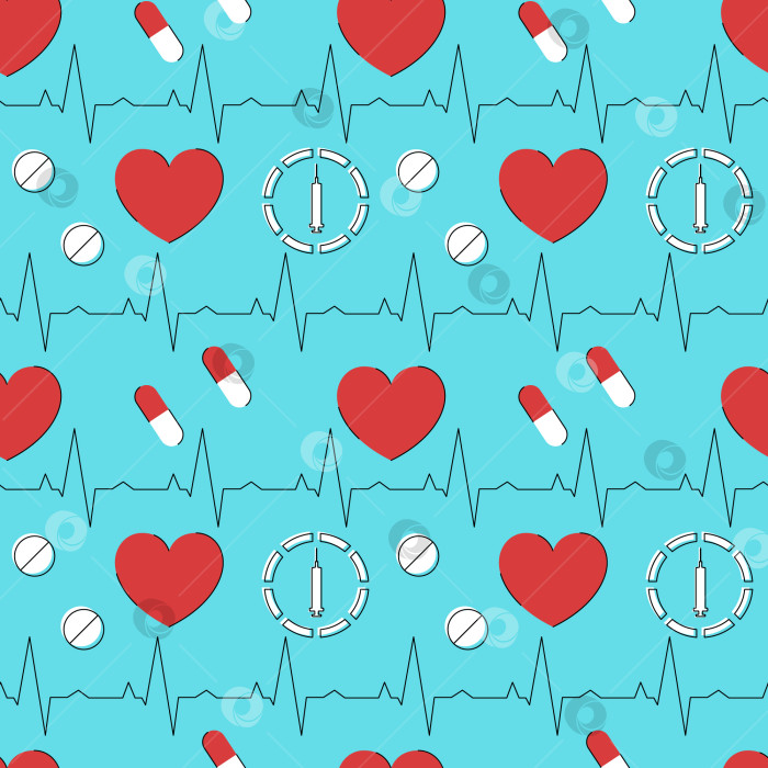 Скачать Медицинский бесшовный узор, векторная иллюстрация клиники. Сердца, кардиограмма, шприцы, капсулы и таблетки фотосток Ozero