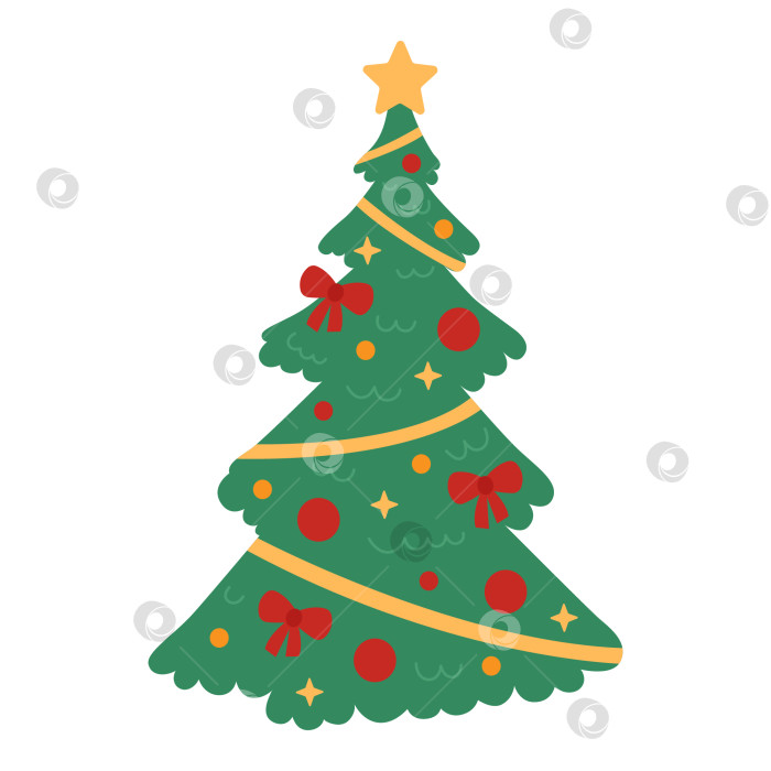 Скачать Украшенная рождественская елка с украшениями, шарами, бантами, лентой и звездой наверху, выделенной на белом фоне. Векторная плоская иллюстрация к Новому году фотосток Ozero