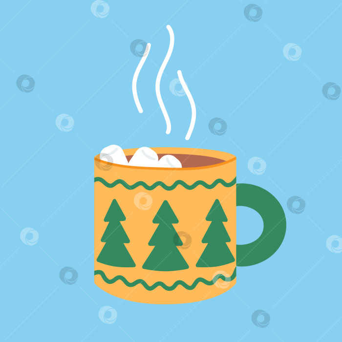 Скачать Желтая чашка с какао, кофе или горячим шоколадом и зефиром на синем фоне. Зимний горячий напиток. Кружка с зеленым орнаментом рождественской елки. Векторная плоская иллюстрация фотосток Ozero