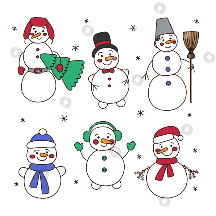 Скачать Набор разных симпатичных снеговиков в шапках, варежках, шарфах, с рождественской елкой и метлой в стиле каракулей, выделенных на белом фоне. Векторная иллюстрация для зимы, Нового года фотосток Ozero