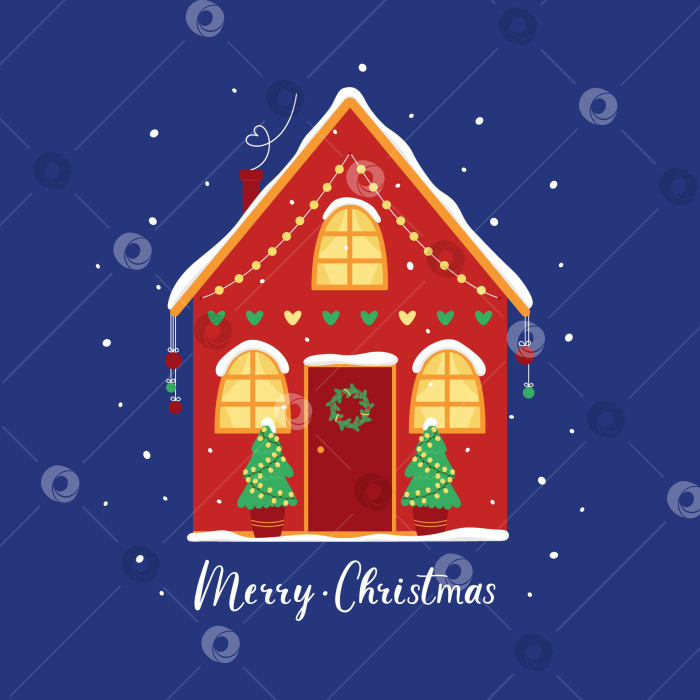 Скачать Рождественский домик, украшенный гирляндой, венком и шарами с рождественскими елками под снегопадом на синем фоне. Празднование Нового года, Рождества. Векторная плоская иллюстрация для поздравительной открытки, плаката фотосток Ozero