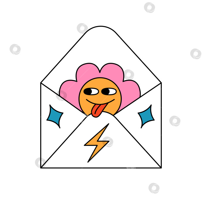 Скачать Ретро-цветочный персонаж 70-х годов показывает свой язык из конверта. Сообщение, концепция электронной почты. Мультяшная хиппи-изолированная векторная иллюстрация фотосток Ozero