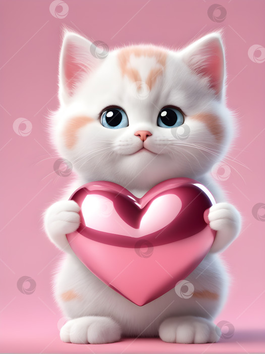 Скачать милый пушистый бело-рыжий кот с розовым сердечком на розовом фоне фотосток Ozero