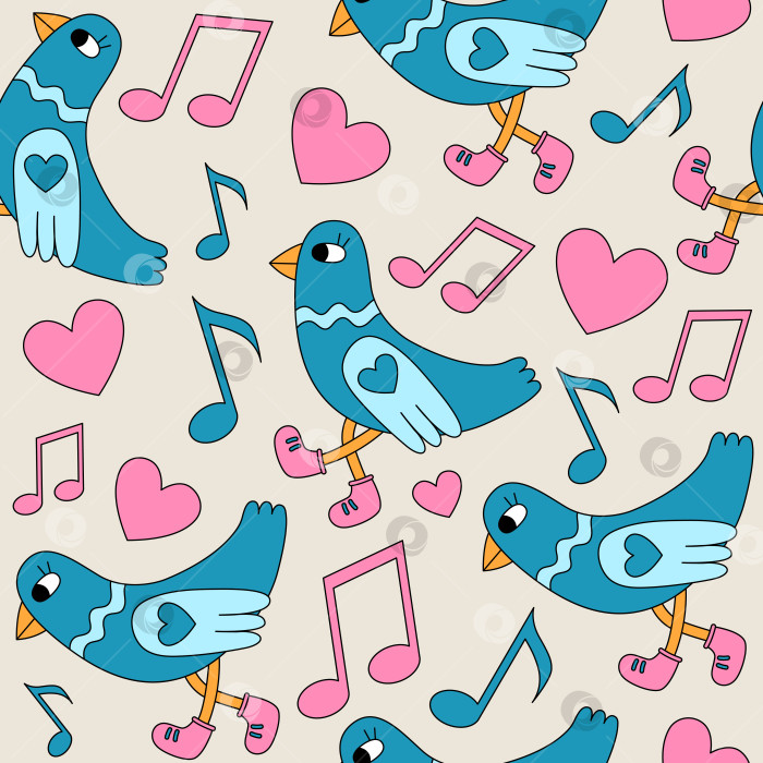 Скачать Бесшовный узор с гуляющей птицей голубем, нотами и сердечками. Дискотека, музыкальная концепция. Мультяшная векторная иллюстрация в стиле ретро фотосток Ozero