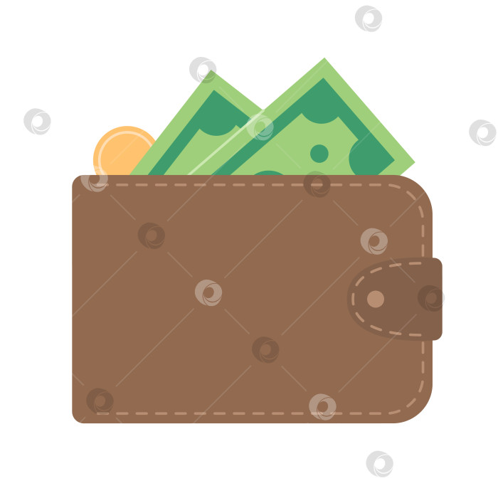 Скачать Коричневый бумажник с деньгами внутри в простом стиле. Кошелек с наличными: зеленые бумажные банкноты и монеты. Векторная плоская иллюстрация, изолированная на белом фоне фотосток Ozero