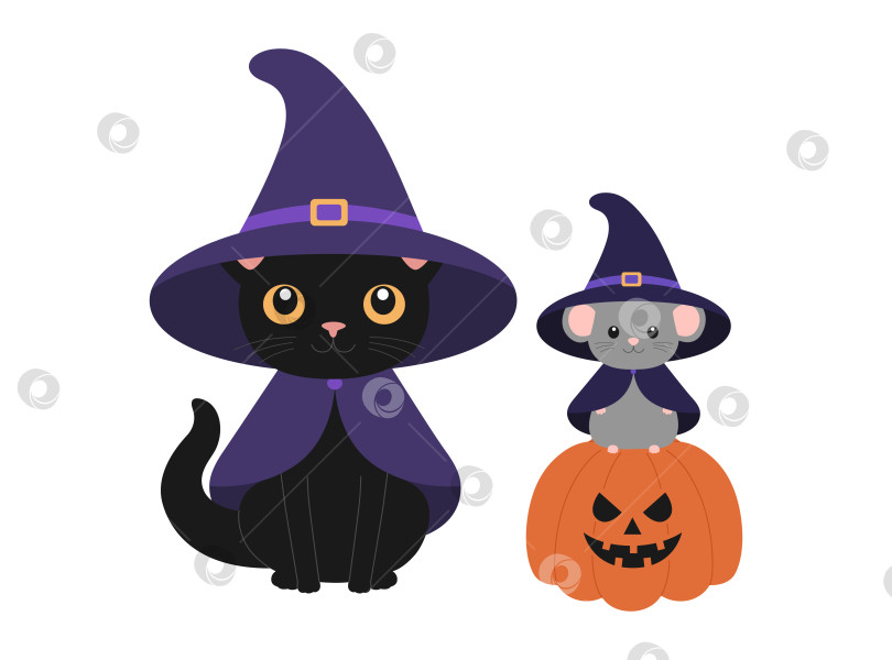 Скачать Симпатичные черные кошка и мышонок в ведьминых шляпах и мантиях со страшной тыквой. Дизайн на Хэллоуин с животными. Векторная плоская иллюстрация для баннера, плаката, поздравительной открытки фотосток Ozero
