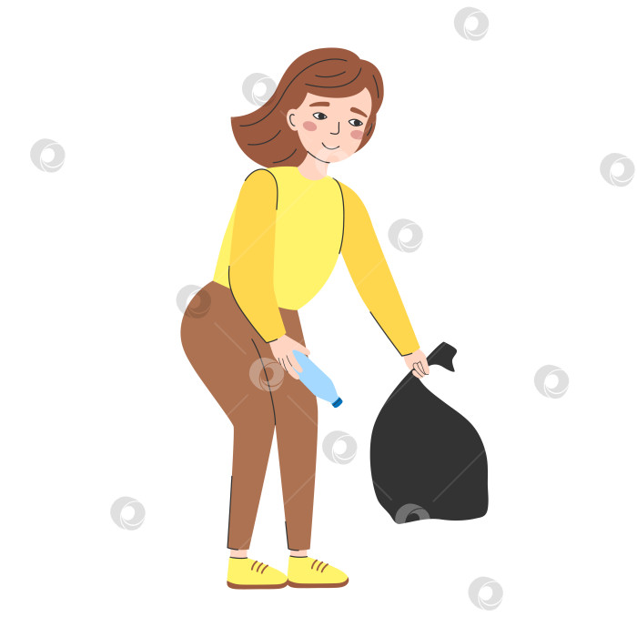 Скачать Молодая женщина собирает мусор в мусорный пакет. Девушка с пластиковой бутылкой и пакетом в руках. Волонтер, концепция защиты окружающей среды. Векторная плоская иллюстрация, изолированная на белом фоне фотосток Ozero