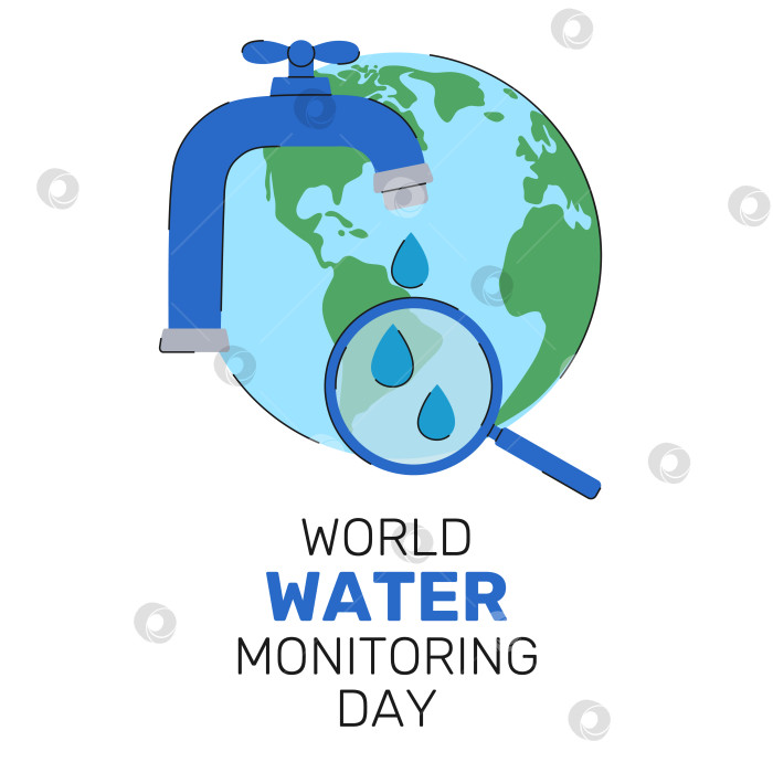 Скачать Праздничный дизайн ко Всемирному дню мониторинга водных ресурсов. Водопроводный кран и капли воды под увеличительным стеклом на фоне земного шара. Векторная плоская иллюстрация для баннера, плаката, поздравительной открытки фотосток Ozero