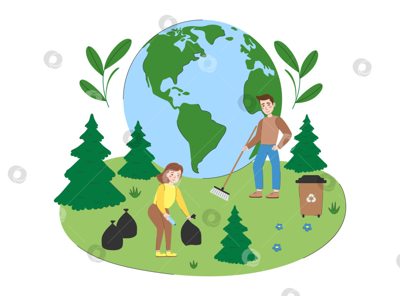 Скачать Молодежь заботится о планете. Волонтеры очищают землю от мусора. Концепция защиты окружающей среды и бережного отношения к природе. Спасите планету. Экологическая векторная иллюстрация фотосток Ozero