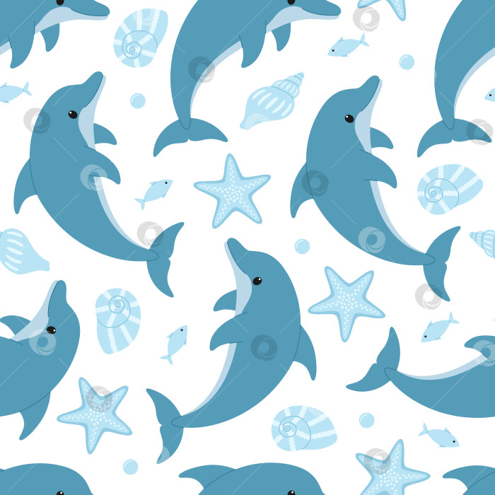 Скачать Бесшовный узор с милыми голубыми дельфинами, морскими звездами, ракушками, рыбками и пузырьками. Векторная плоская иллюстрация, изолированная на белом фоне. Морской принт с морскими и океаническими животными фотосток Ozero
