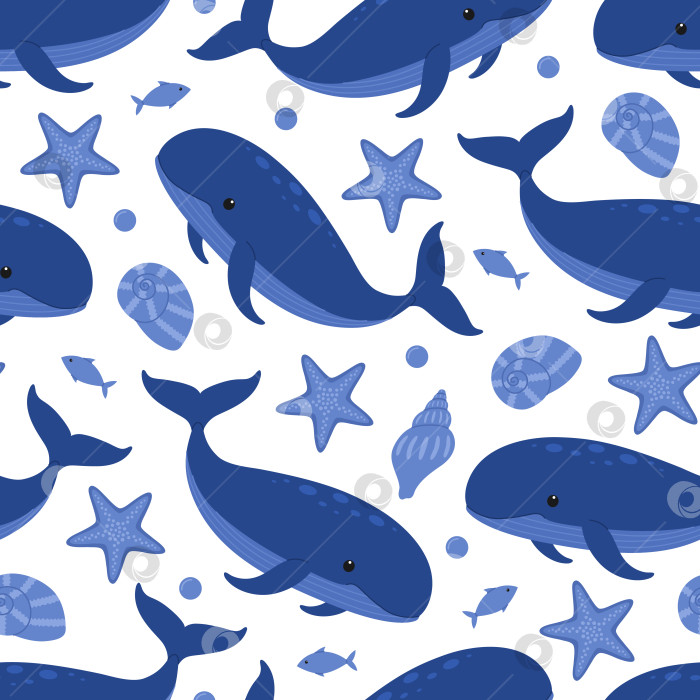 Скачать Бесшовный узор с милыми голубыми китами, морскими звездами, ракушками, рыбками и пузырьками. Векторная плоская иллюстрация, изолированная на белом фоне. Морской принт с морскими и океаническими животными фотосток Ozero