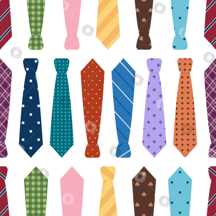 Скачать Бесшовный узор с галстуками. Цветные мужские галстуки с различными орнаментами на белом фоне. Аксессуар для бизнеса или вечеринки. Векторная плоская иллюстрация фотосток Ozero