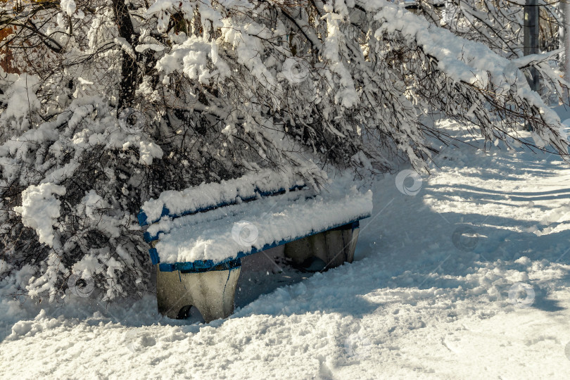 Скачать Заснеженный пейзаж с деревянной скамейкой зимой. фотосток Ozero