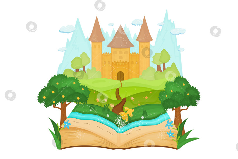 Скачать Открытая книга с пейзажем сказочного замка, полями, деревьями, рекой, маленькими золотыми рыбками. Векторная иллюстрация фотосток Ozero