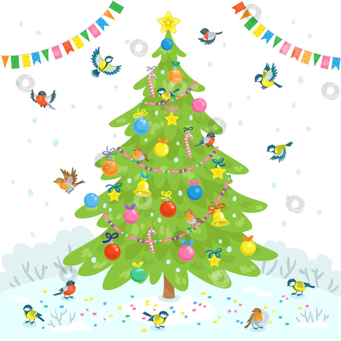 Скачать Рождественская елка, украшенная стеклянными шарами, золотыми звездами, конфетами, цветными бусинами на зимнем лугу. Пятнадцать забавных птичек вокруг. фотосток Ozero