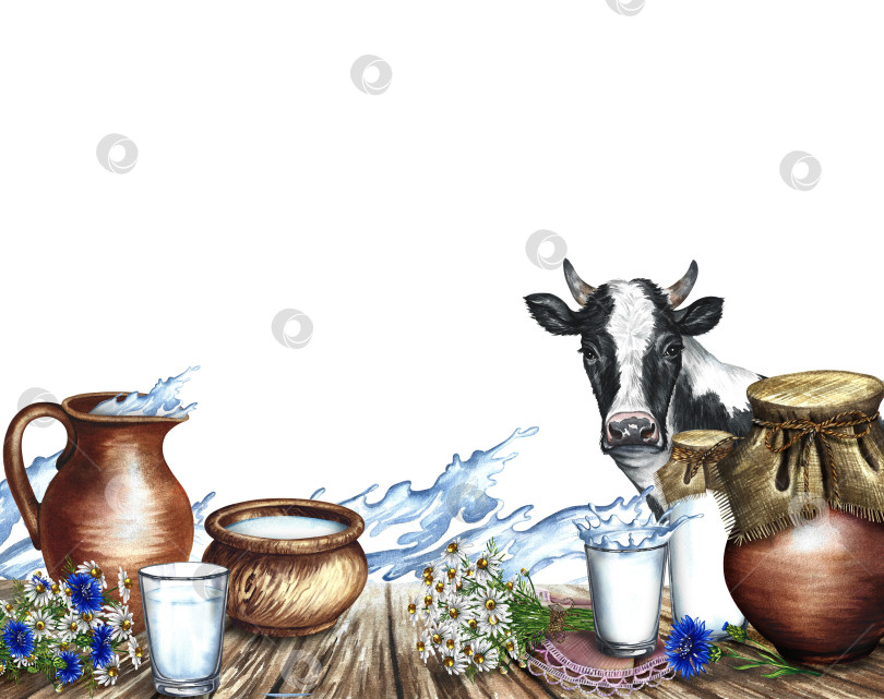 Скачать Коровьи и молочные продукты в керамической и стеклянной посуде. Рамка представляет собой баннер с брызгами молока. Иллюстрация, нарисованная акварелью от руки. Для молочных продуктов, рекламы, флаера, упаковки. фотосток Ozero