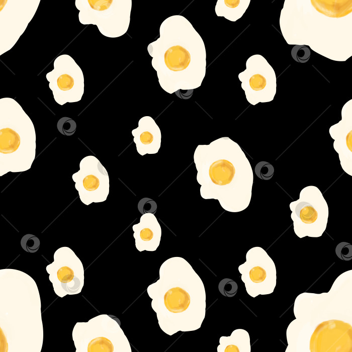 Скачать Акварельный бесшовный узор, яичница-болтунья, яйца. Здоровое питание, белковый завтрак, закуски ручной работы на черном фоне. Иллюстрация плоской еды фотосток Ozero
