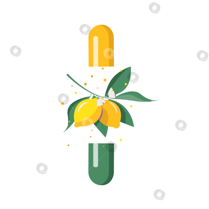 Скачать Иллюстрация натурального витамина С в капсуле. Яркие лимоны с листьями фотосток Ozero