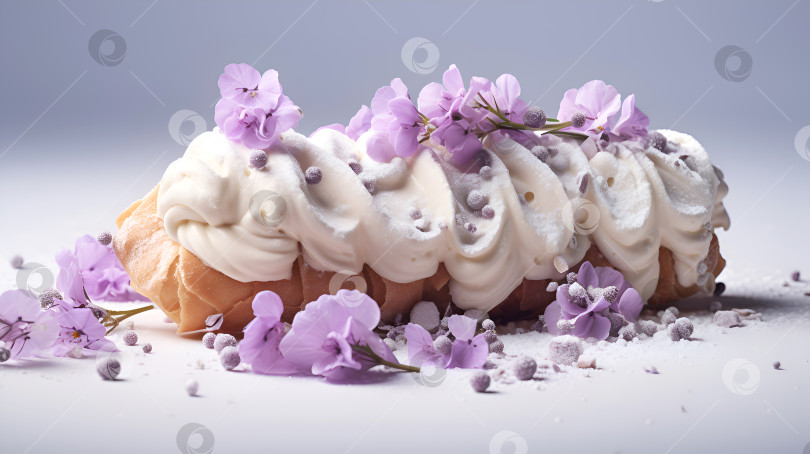 Скачать Эклер с цветочным декором и ванильным кремом. Вариация итальянского десерта Канноли со взбитыми сливками и съедобными цветами на светлом фоне, крупным планом. Эклер со сливками и фиолетовыми цветами фотосток Ozero