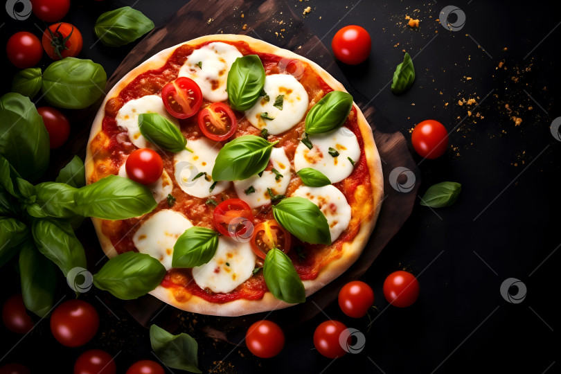 Скачать Пицца Капрезе со свежим базиликом и помидорами черри на темном фоне с пробелом для копирования. Классическая итальянская пицца на темном фоне. Концепция итальянской кухни фотосток Ozero
