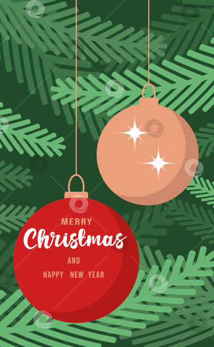 Скачать Новогодняя, рождественская открытка с еловыми ветками и шарами. Зимний плакат. фотосток Ozero