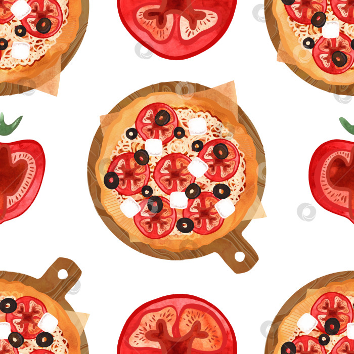 Скачать Бесшовный узор для пиццы с помидорами, оливками и сыром. Акварельная иллюстрация для меню, рецептов, кухонного текстиля, дизайна кафе, ресторанов и пиццерий, а также коробок для пиццы и упаковки. фотосток Ozero