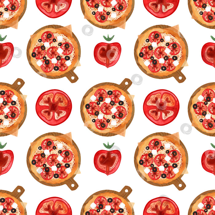 Скачать Бесшовный узор для пиццы с помидорами, оливками и сыром. Акварельные иллюстрации для меню, рецептов, кухонного текстиля, дизайна кафе, ресторанов и пиццерий, а также коробок для пиццы и упаковки фотосток Ozero