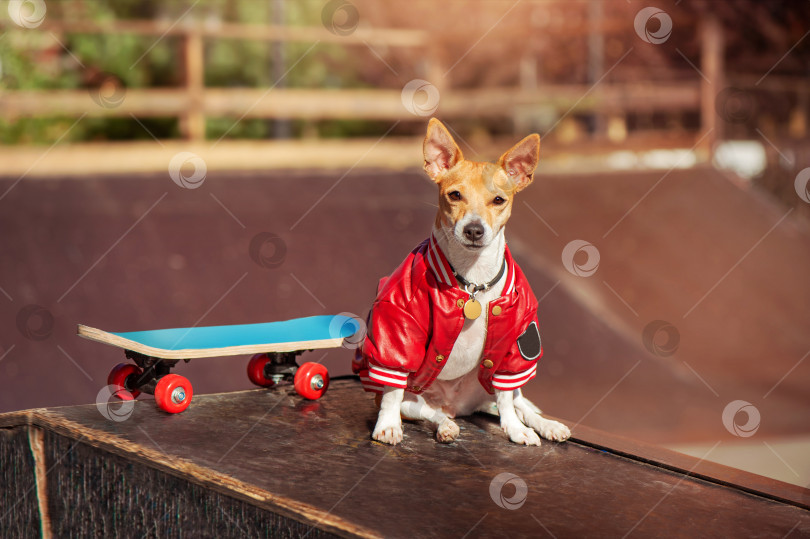 Скачать Маленькая собачка в красной кожаной куртке в скейтпарке фотосток Ozero