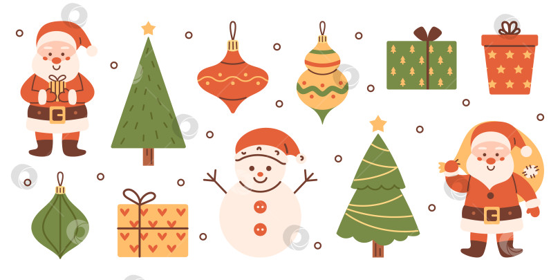 Скачать Векторный рождественский набор с Санта-Клаусом, подарочными коробками, снеговиком, рождественской елкой и безделушками. Новогодняя и рождественская коллекция. Зимняя забавная иллюстрация в плоском дизайне. фотосток Ozero