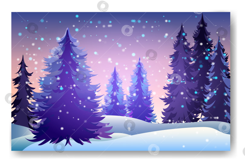 Скачать Зимний фоновый пейзаж с елями и соснами в снегу. Хвойный лес, ночь, небо, звезды. Рождественское украшение. Векторная иллюстрация фотосток Ozero