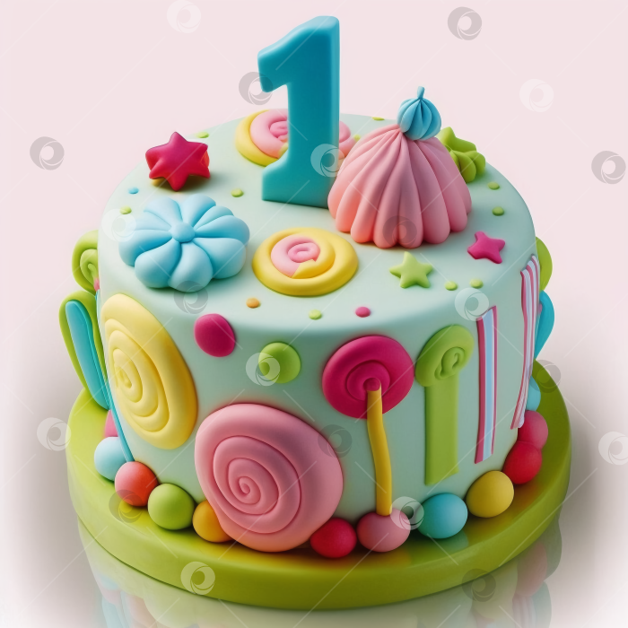 Скачать искусственный интеллект, созданный с помощью искусственного интеллекта праздничный торт со свечами. синий торт с номером один. день рождения 1 год. детский праздничный торт. десерт. порождающий искусственный интеллект фотосток Ozero