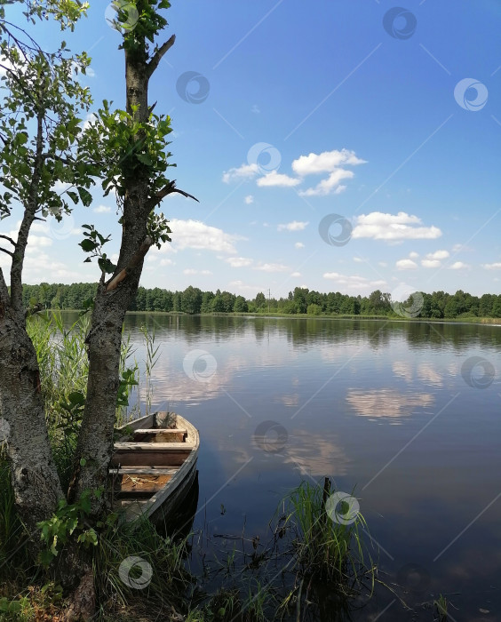 Скачать Лодка на озере в глубинке. Водная гладь в летнюю пору фотосток Ozero