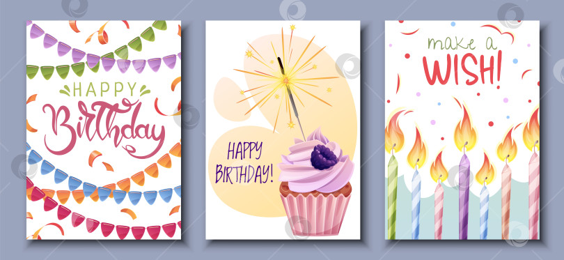 Скачать Установите дизайн поздравительной открытки на день рождения. Баннер, шаблон листовки с кексом, свечами, флагами, гирляндой, подарками. Дизайн приглашения с днем рождения для праздника, юбилея, вечеринки фотосток Ozero
