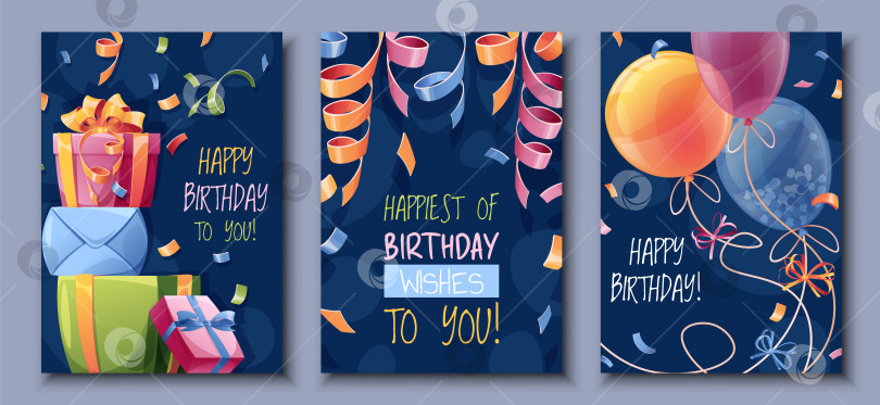 Скачать Установите дизайн поздравительной открытки на день рождения. Баннер, шаблон листовки с разноцветными воздушными шарами, кучей подарков, конфетти и серпантином. Дизайн приглашения с днем рождения для праздника, юбилея, вечеринки фотосток Ozero