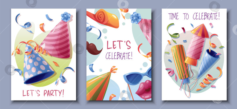 Скачать Установите дизайн поздравительной открытки на день рождения. Баннер, шаблон листовки с праздничными шляпами, хлопушками, фейерверками, конфетти и серпантином. Дизайн приглашения с днем рождения для праздника, юбилея, вечеринки фотосток Ozero