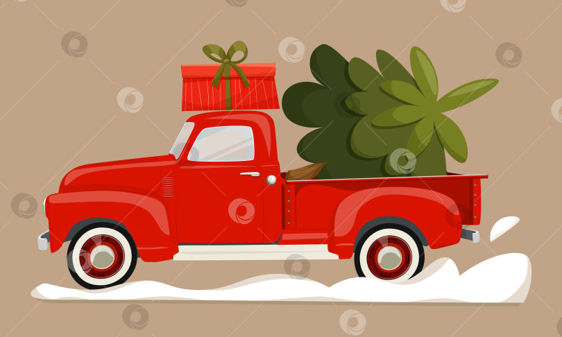 Скачать Красный рождественский пикап с подарочной коробкой на крыше и рождественской елкой в багажнике. Грузовик, везущий рождественскую елку через сугроб. Новогодняя или рождественская открытка, плакат, флаер, приглашение. фотосток Ozero