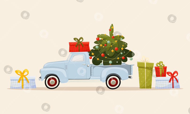 Скачать Синий рождественский пикап с подарочной коробкой на крыше и украшенной рождественской елкой в багажнике, подарки вокруг грузовика. Грузовик, везущий рождественскую елку. Открытка, плакат, приглашение. фотосток Ozero