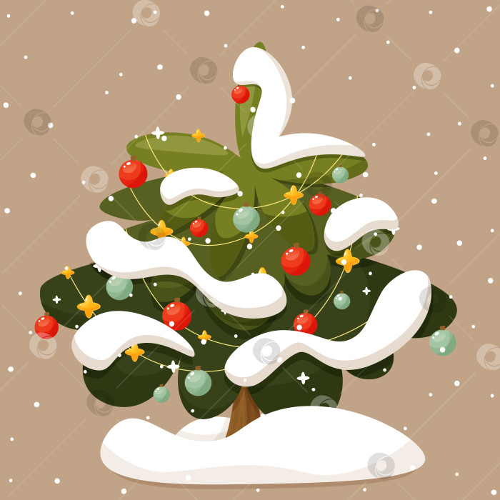 Скачать Рождественская елка в снегу. Новогодняя елка, украшенная гирляндами и новогодними игрушками, под снегом и снежинками. Векторная иллюстрация. Элемент зимнего праздника. Для создания рождественских открыток, плакатов. фотосток Ozero