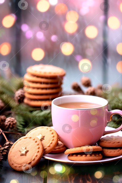 Скачать Кофе и печенье на Рождество в розовых тонах. Вертикальный фотосток Ozero