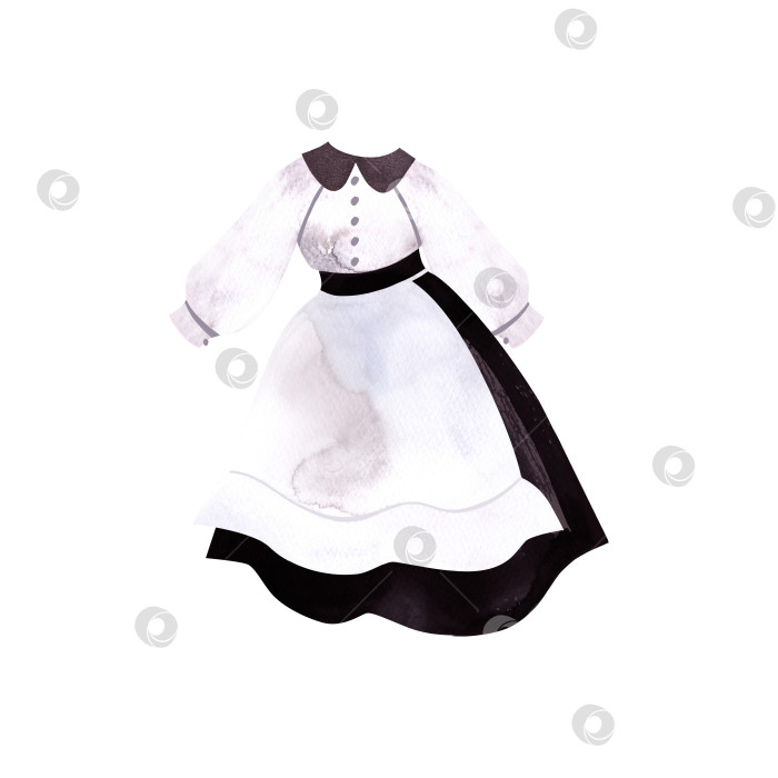 Скачать Набор старомодной женской одежды. Белая винтажная блузка на пуговицах, черная юбка и фартук. Изолированная акварельная иллюстрация на белом фоне. фотосток Ozero