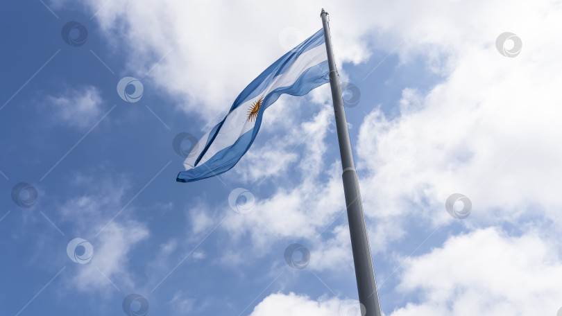 Скачать Национальный флаг Аргентины на фоне неба и облаков. фотосток Ozero