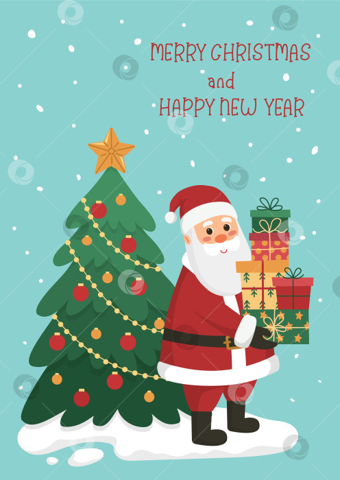 Скачать Рождественская открытка или плакат с Санта-Клаусом, содержащим подарки, рождественскую елку, снег и текст с Рождеством и Новым годом на синем фоне. Плоская мультяшная векторная иллюстрация. фотосток Ozero