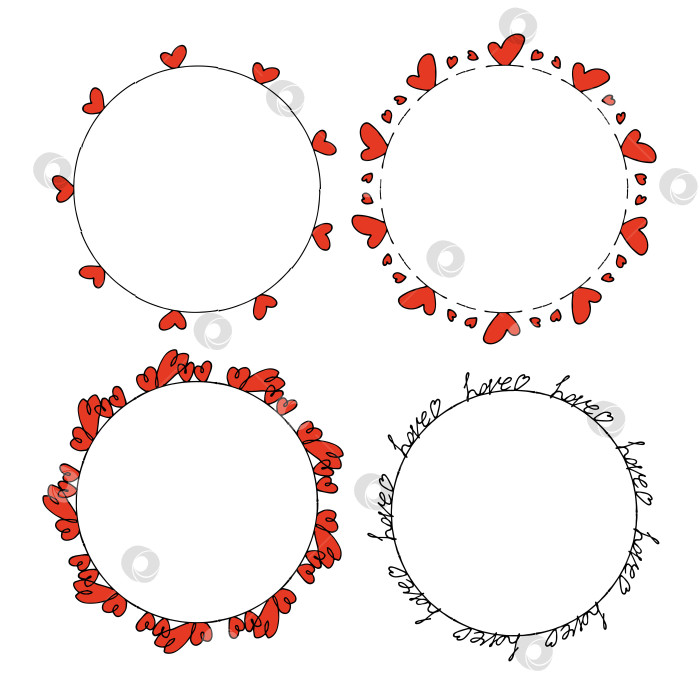 Скачать Набор круглых рамок с красными сердечками и текстом Love на белом фоне. Векторное изображение. фотосток Ozero