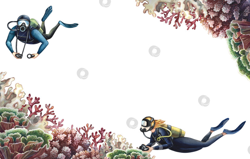 Скачать Коралловая рамка с дайвером и морскими обитателями. Подводный мир. Акварель, нарисованная от руки. Аквариум, тропический, риф. Концепция этикетки, визитной карточки и баннера, открытки и флаера, шаблона брошюры. фотосток Ozero