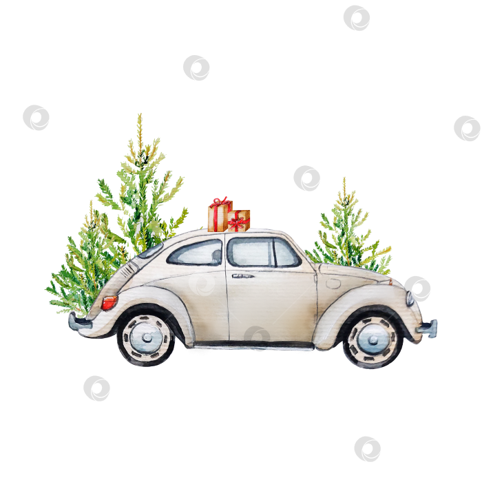 Скачать Автомобиль с подарками на крыше на фоне рождественских елок, нарисованный акварелью фотосток Ozero