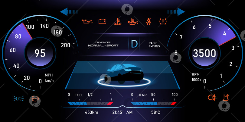 Скачать Автомобильная панель EV, элемент дизайна приборной панели электромобиля элегантный и простой стиль для альтернативной экологически чистой энергетики и футуристической транспортной концепции. фотосток Ozero