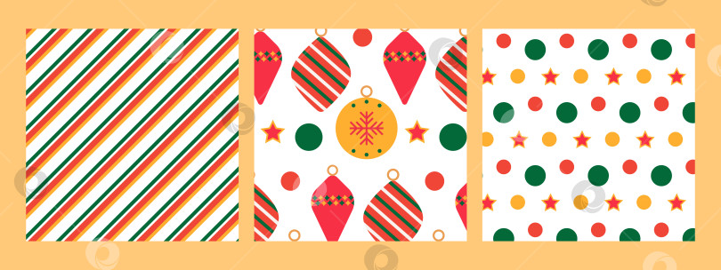 Скачать Набор новогодних и рождественских бесшовных узоров в геометрическом стиле с новогодними шарами и снежинками. Узоры на панели образцов. фотосток Ozero